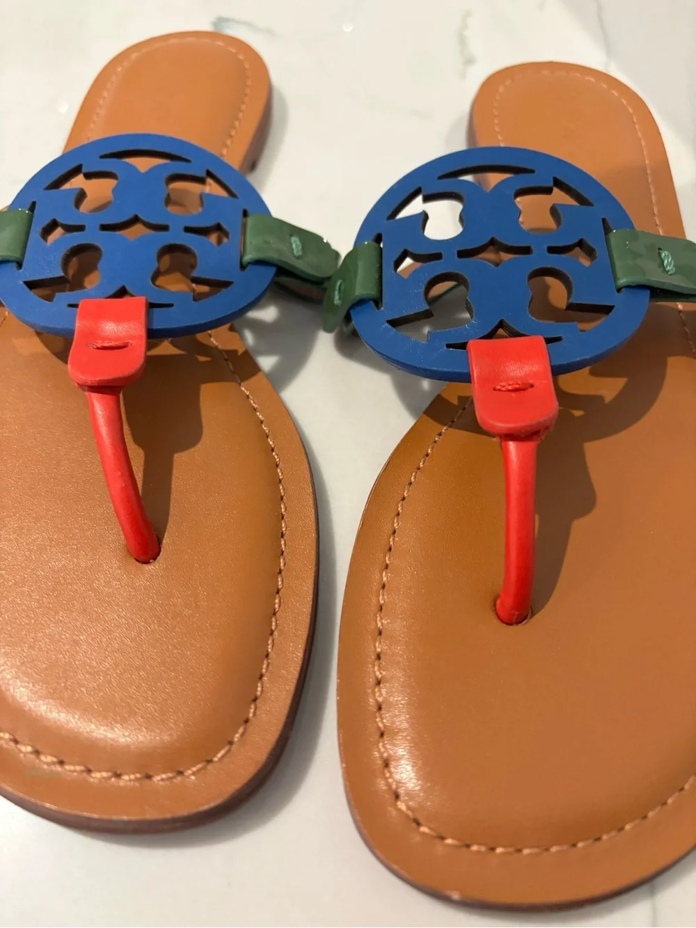 Tory Burch Brown Leather Sandals with Blue Logo, Green Straps & Red Accents